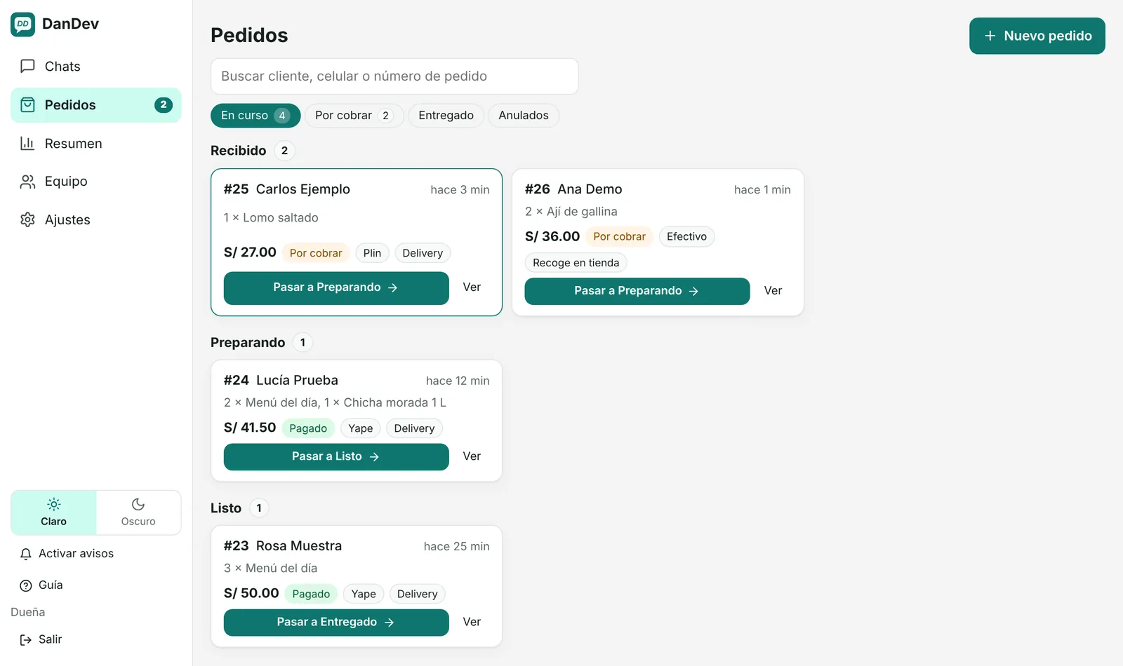 Pantalla de pedidos de DanDev ordenada por estado: recibido, preparando y listo